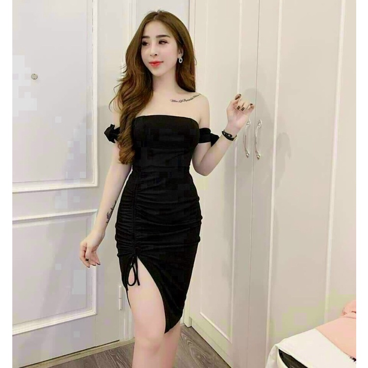 Đầm dáng ôm body cúp ngực tay nơ xẻ đùi có sẵn mút ngực giá xưởng kèm ảnh thật (4 màu)