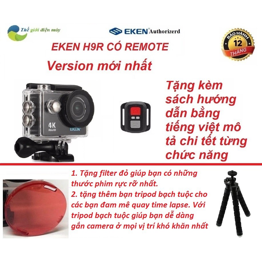 Camera thể thao, camera hành trình Eken H9R(có remote) version 8.1, bảo hành 12 tháng tặng filter đỏ và tripod bạch tuộc