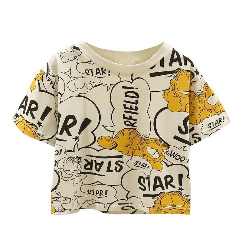 Áo Thun Cotton Ngắn Tay In Hình Mèo Garfield Thời Trang Mùa Hè Cho Bé