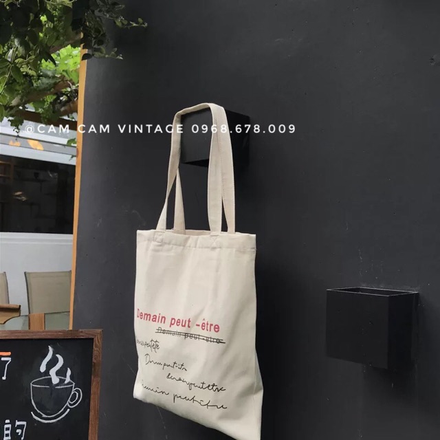 TÚI TOTE VẢI TÚI canvas TRẮNG NGÀ VINTAGE IN CHỮ XANH CAM CAM