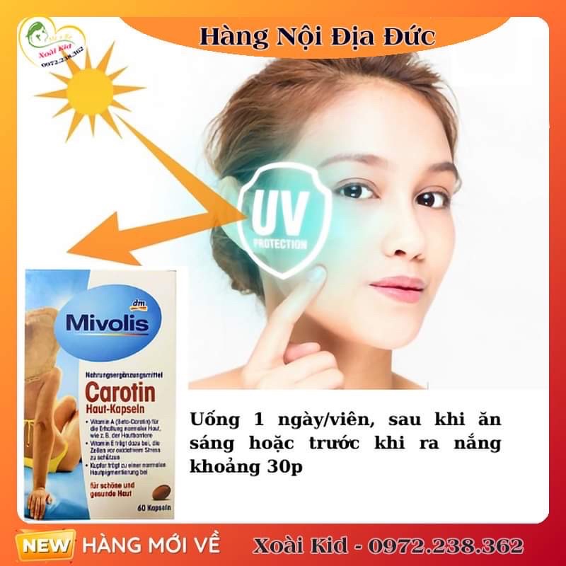 Viên uống sáng da chống nắng Carotin Mivilos Đức- Nội địa Đức Đủ Bill