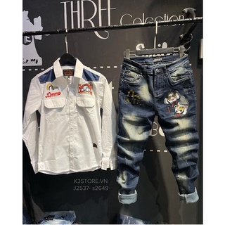 Set áo sơ mi evisu trắng chất kaki dày dặn, quần jean xanh rách was sét thêu denim có độ co dãn nhẹ thêu evisu K3 STORE