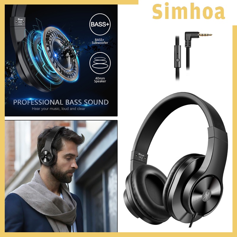 [SIMHOA] Wired Headphones Over Ear Headset w/ Microphone Stereo Bass Earphone