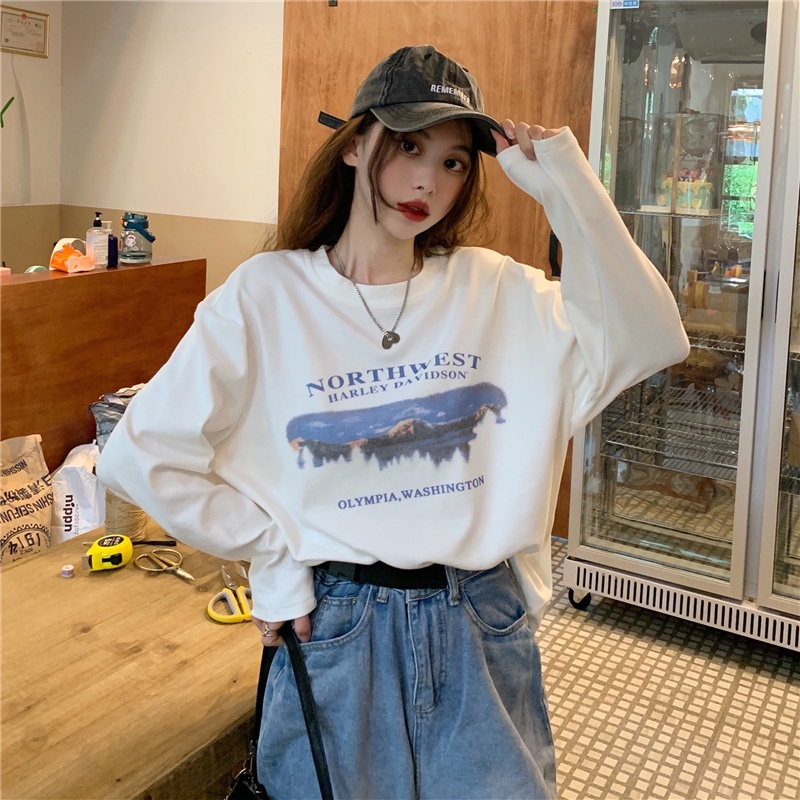 Áo thun tay dài cổ tròn dáng rộng in họa tiết kiểu retro thời trang