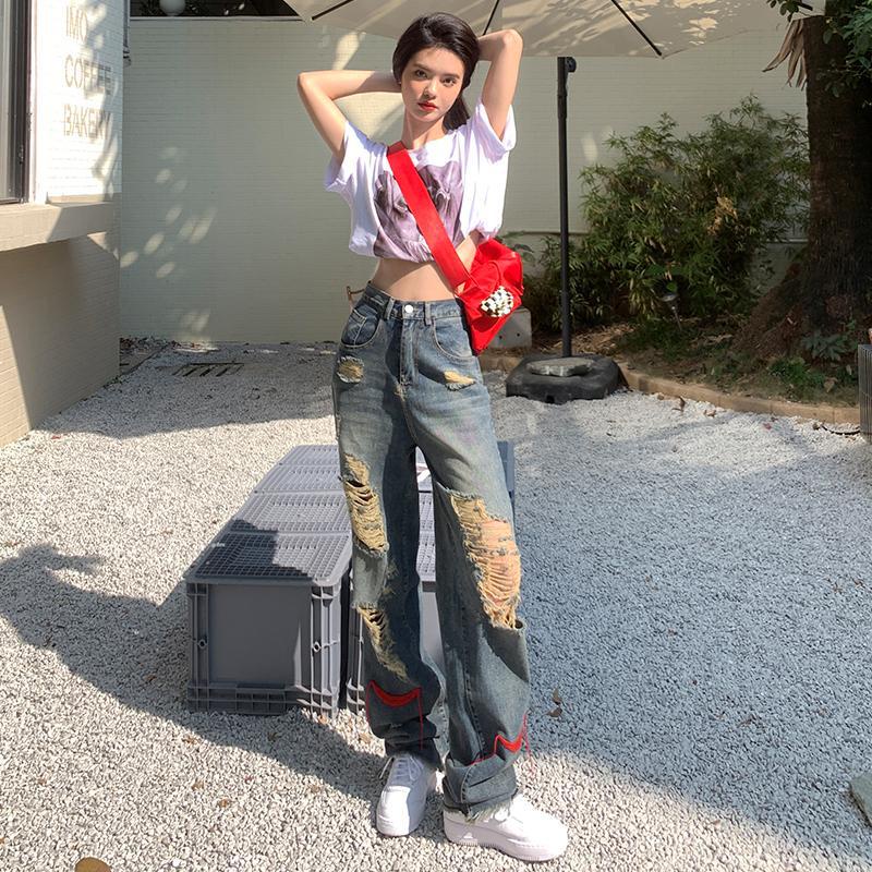 [Hàng oorder] Quần jeans dài ống suông rộng was rách màu xanh cổ điển Retro, cá tính, năng động, Hàn Quốc