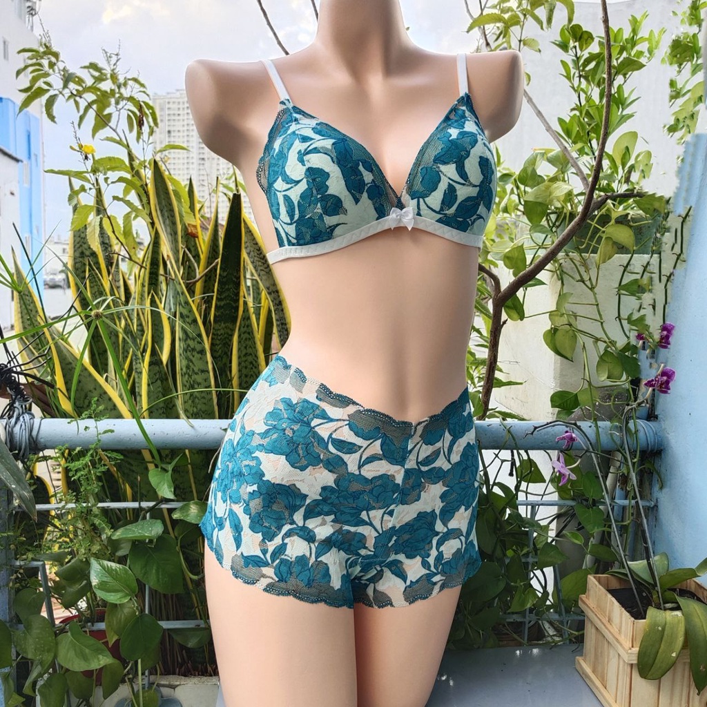 Set Bra - Bralette ren sexy không gọng, mút mỏng - Xanh họa tiết - NY32