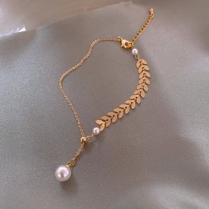 Vòng tay nữ chiếc lá mix hạt trai Lắc tay titan bền màu thời trang Hàn Quốc Lémi accessories