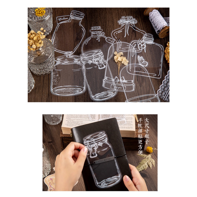 Set 20 nhãn dán PET trong suốt hình lọ đựng phong cách Nhật Bản trang trí tạp chí/văn phòng phẩm