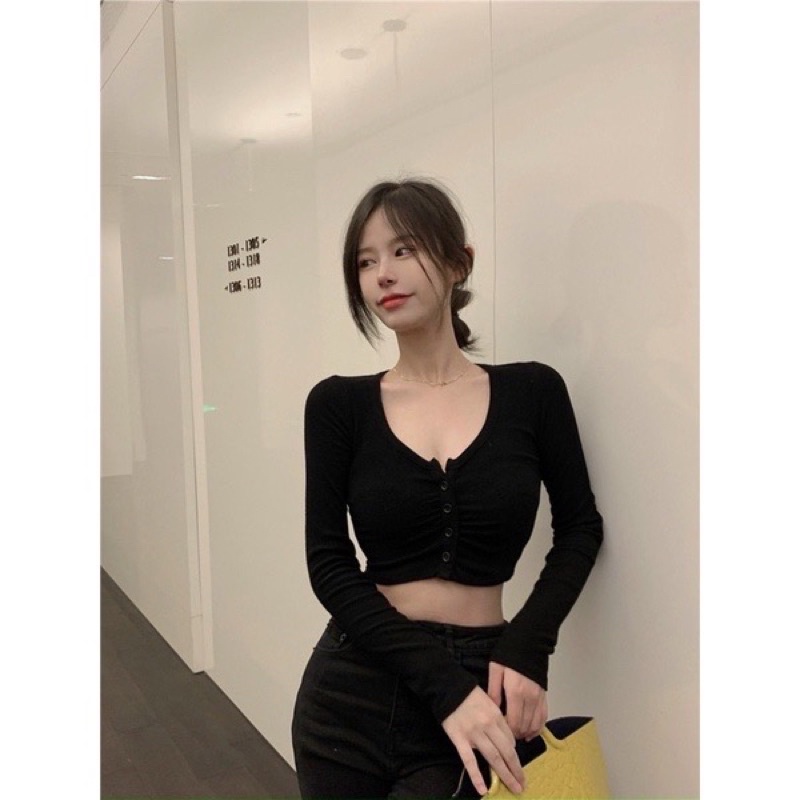 ÁO THUN CROPTOP NHÚN NGỰC NÚT CÀI TAY DÀI