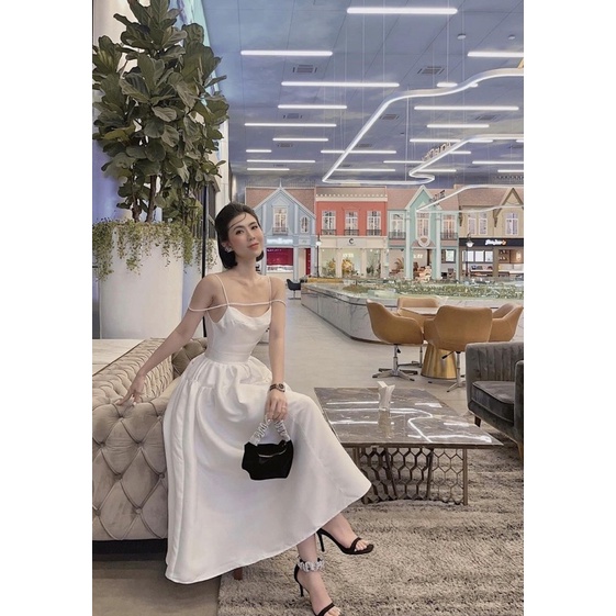 Váy trắng hai dây rớt vai dự tiệc sang trọng kèm tag hoa chất đũi lụa V288 form chuẩn AĐ BOUTIQUE
