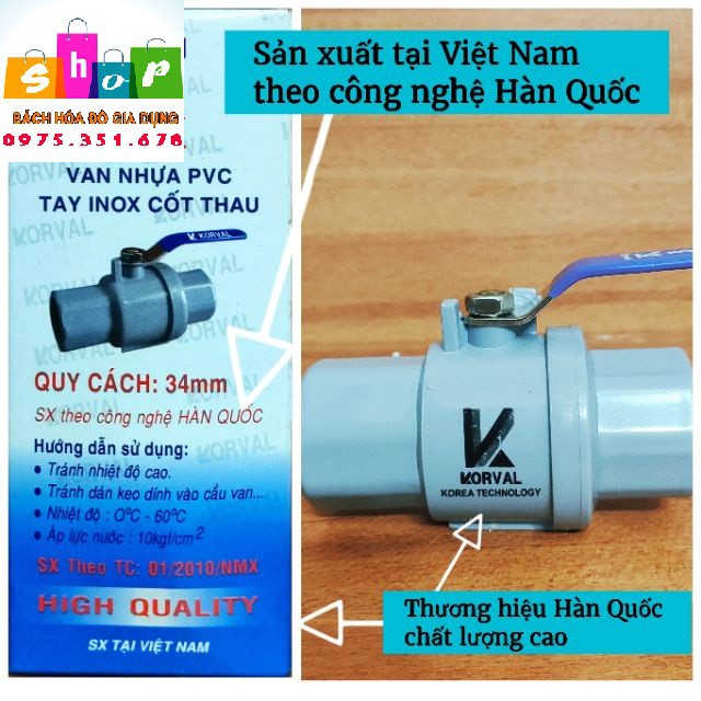 Van nhựa 34mm (∅34)  tay cầm inox cốt thau - Sản xuất theo công nghệ Hàn Quốc-Giadung24h