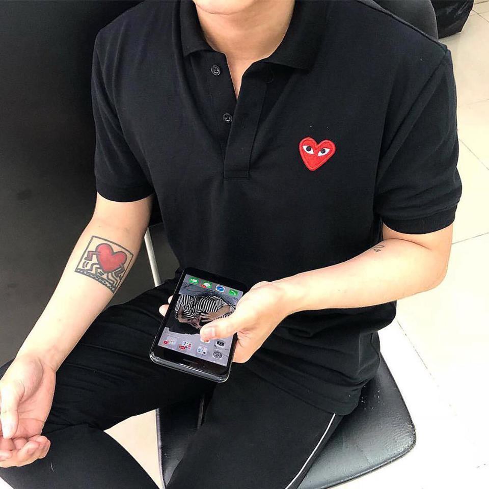 ÁO THUN POLO THÊU TIM TAY LỠ MÀU ĐEN - POLO HEART UNISEX BLACK - MM