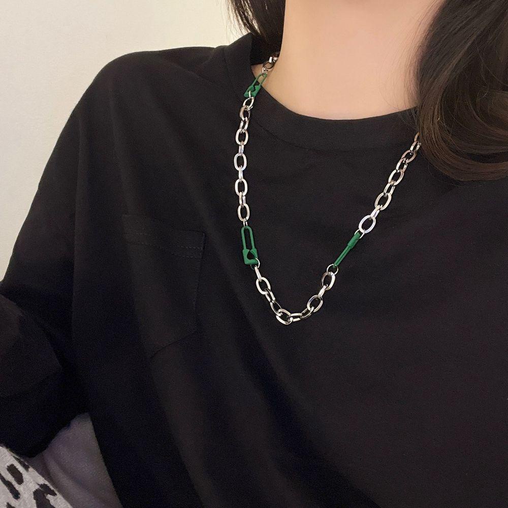 JARRED Vòng Cổ Dây Xích Màu Xanh Lá Phối Ghim Cài Đơn Giản Phong Cách Retro Hàn Quốc Cho Nữ