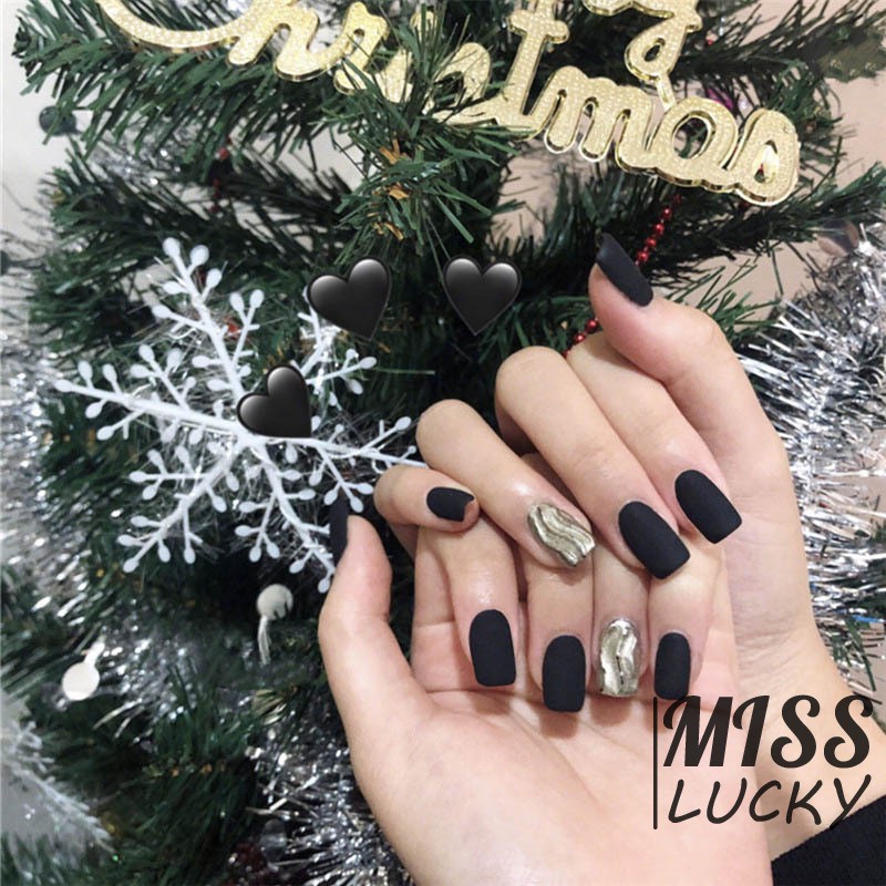 Set 24 móng giả sơn màu đen nhám thời trang cho nữ