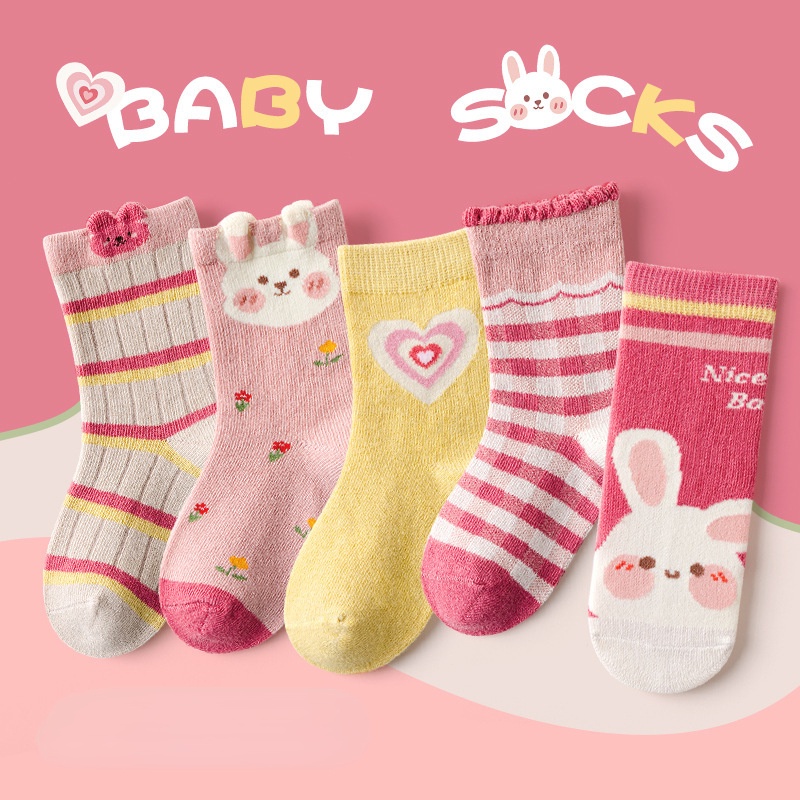 Set 5 Đôi Vớ Cổ Trung Viền Ren Họa Tiết Hoạt Hình Dành Cho Bé Trai Bé Gái 2324
