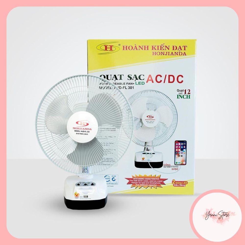 Quạt Sạc Tích Điện Để Bàn AC&DC 12 Inch Honjianda FL301 1/2b Bình - Có Đèn Ngủ LED & USB