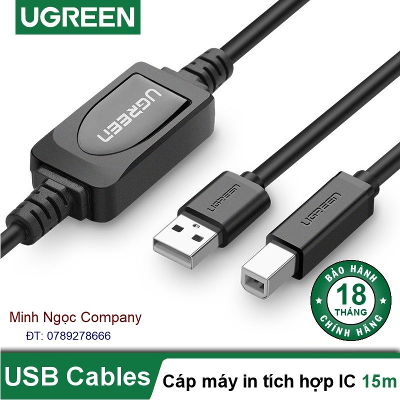 Dây máy in USB 2.0 dài 15m có IC khuếch đại Ugreen 10362 - Hàng Chính Hãng