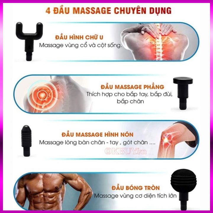 Máy massage cầm tay cổ vai gáy chân cao cấp 4 đầu 6 chế độ, Máy đấm bóp rung mát xa giúp giãn cơ, đỡ mỏi toàn thân