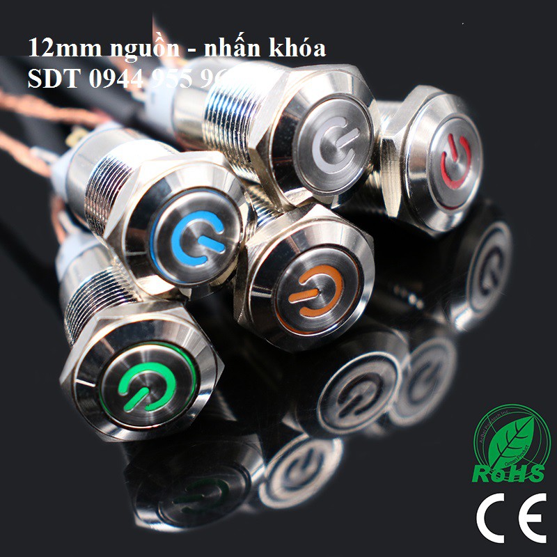 Công tắc nút nhấn kim loại 12mm LED hình nguồn 12V nhấn nhả / nhấn khóa_ 12mm LED Momentary push but
