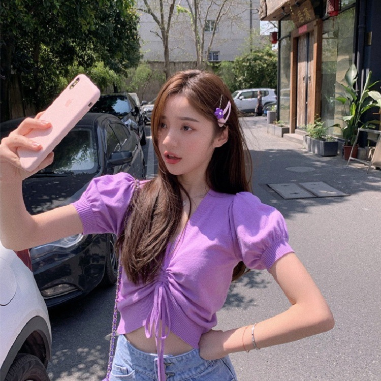 IELGY   Áo Croptop Dệt Kim Tay Phồng Ngắn Dáng Rộng Phối Dây Rút Cá Tính