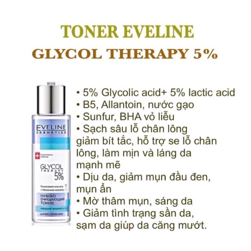 Toner Eveline 5% Glycolic Acid - Glycol Therapy giúp da căng bóng, mịn màng, mờ thâm mụn