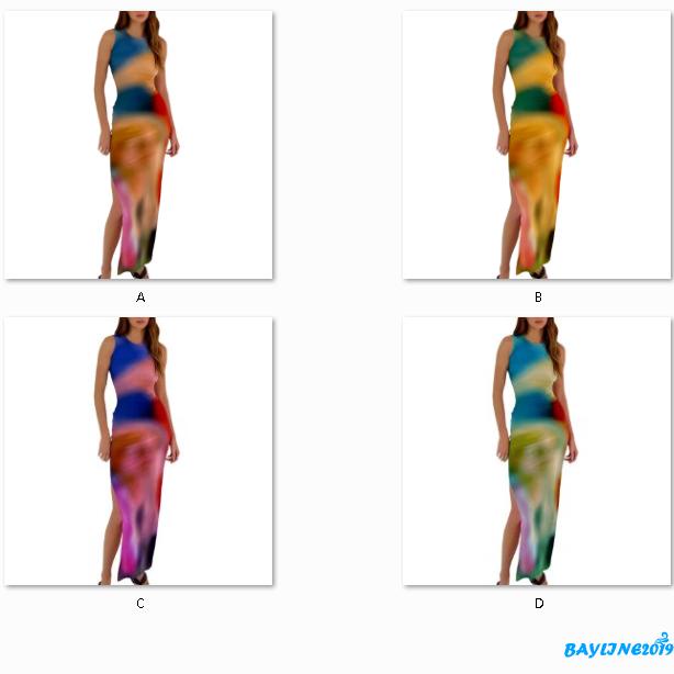 BAY-Women´s Summer Long Dress Sleeveless O Neck Tie Dye Print Side Split Skinny Dress