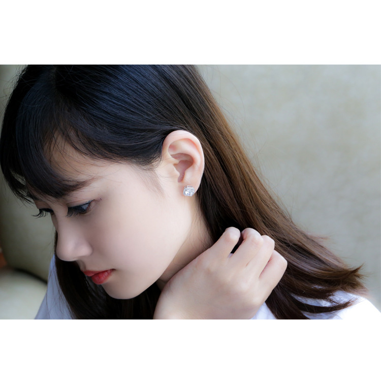 Bông tai mạ bạc 925 hình vuông đính đá zircon đơn giản thời trang Hàn Quốc cho nữ