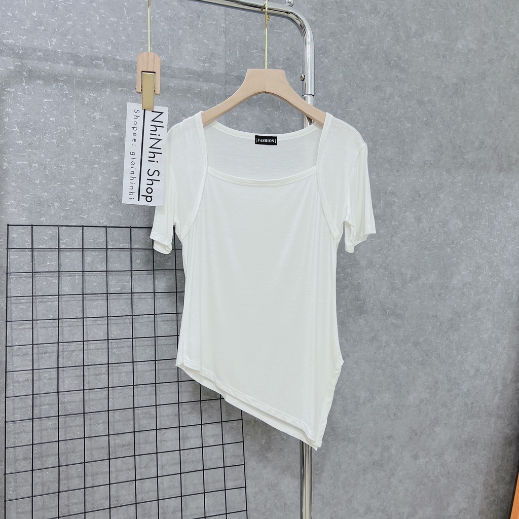 Áo thun nữ dáng ôm cổ vuông vạt lệch nhọn, Áo kiểu thun dẻo co giãn AT12 - NhiNhi Shop