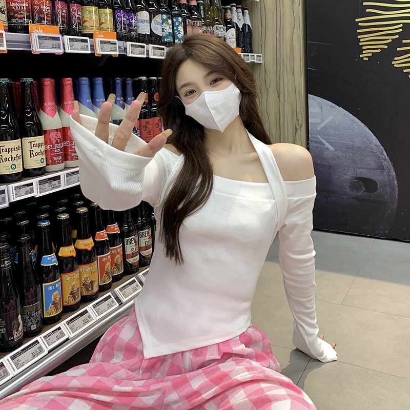 Áo thun trễ vai vạt chéo ,chất thun bo zip dày dặn co giãn thoải mái -A006