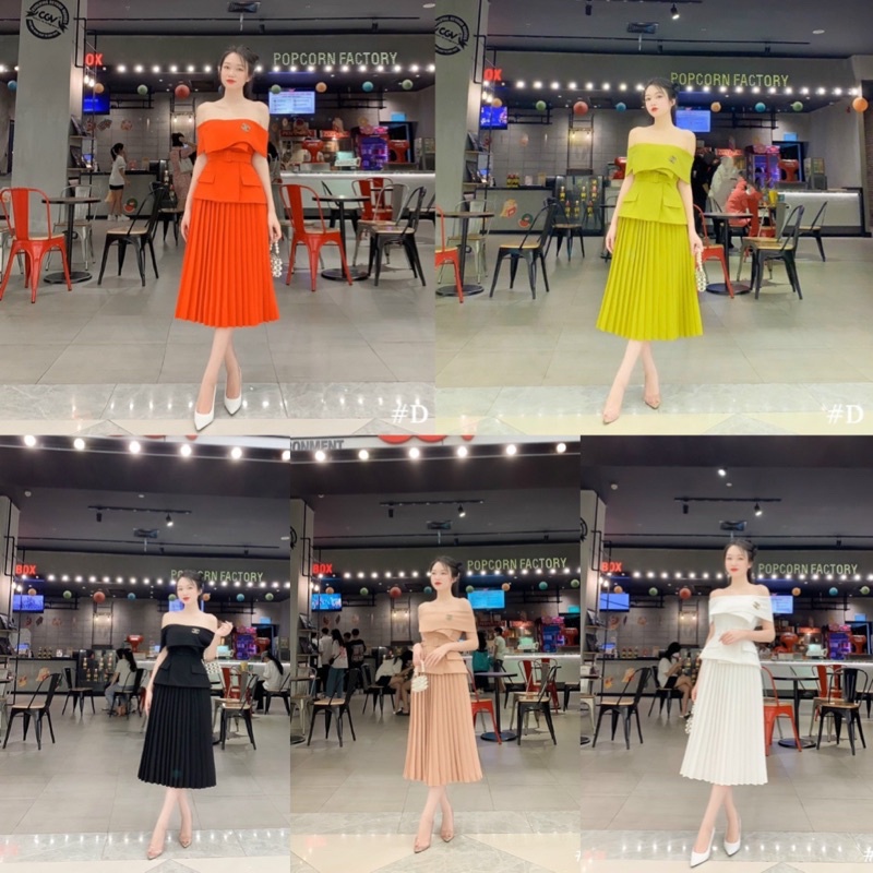 Sét áo trễ vai cv dập ly kèm tag cha nel