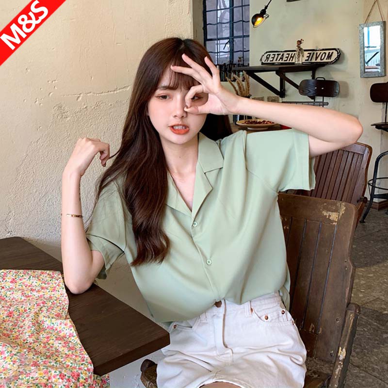 Áo sơ mi  Hàn mịn tay ngắn, tay cộc nhiều màu xiao-  cổ vest trơn quốc dân - cổ vest trơn