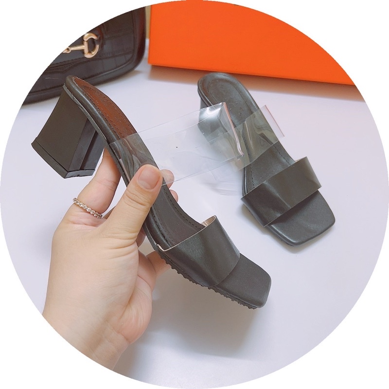 Dép cao gót nữ gót vuông 6p 2 quai (1 trong,1 da) mẫu mới