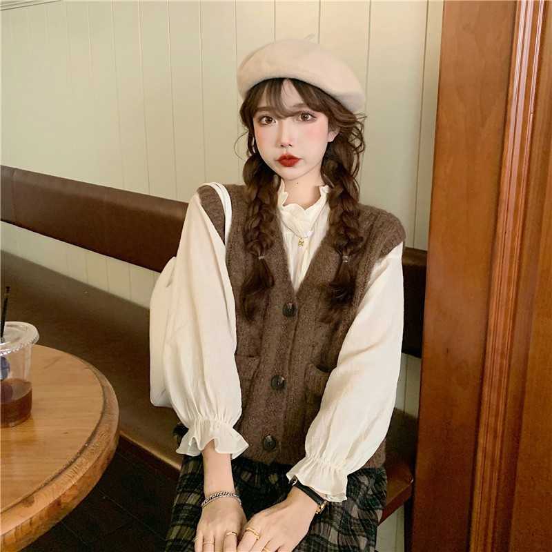 Áo gile len nâu mix sơ mi bèo xinh | BigBuy360 - bigbuy360.vn