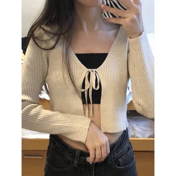 Áo cardigan croptop dài tay buộc nơ chất liệu dày dặn phong cách Retro