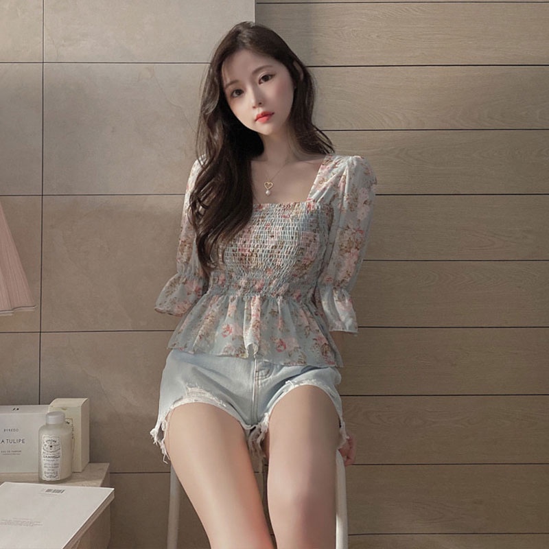 Áo kiểu XINLANYASHE tay loe in hoa thời trang Hàn Quốc xinh xắn cho nữ