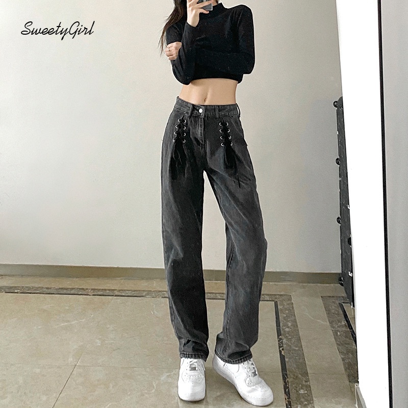Quần Jeans Dài Lưng Cao Dáng Ôm Thiết Kế Dây Rút Thời Trang Cho Nữ