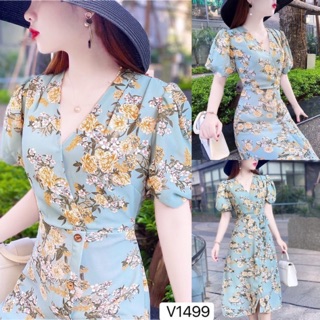 Váy hoa cổ v tay bo cúc gỗ kèm đai