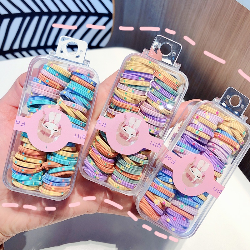 Hộp 60 Dây Buộc Tóc Cao Su Co Giãn Màu Kẹo Dễ Thương Phong Cách Hàn Quốc Dành Cho Bé Gái