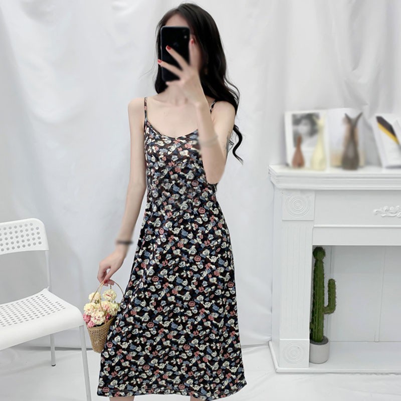 Đầm hai dây dáng rộng vải mỏng in hoa phối đuôi cá kiểu Hàn Quốc dành cho nữ