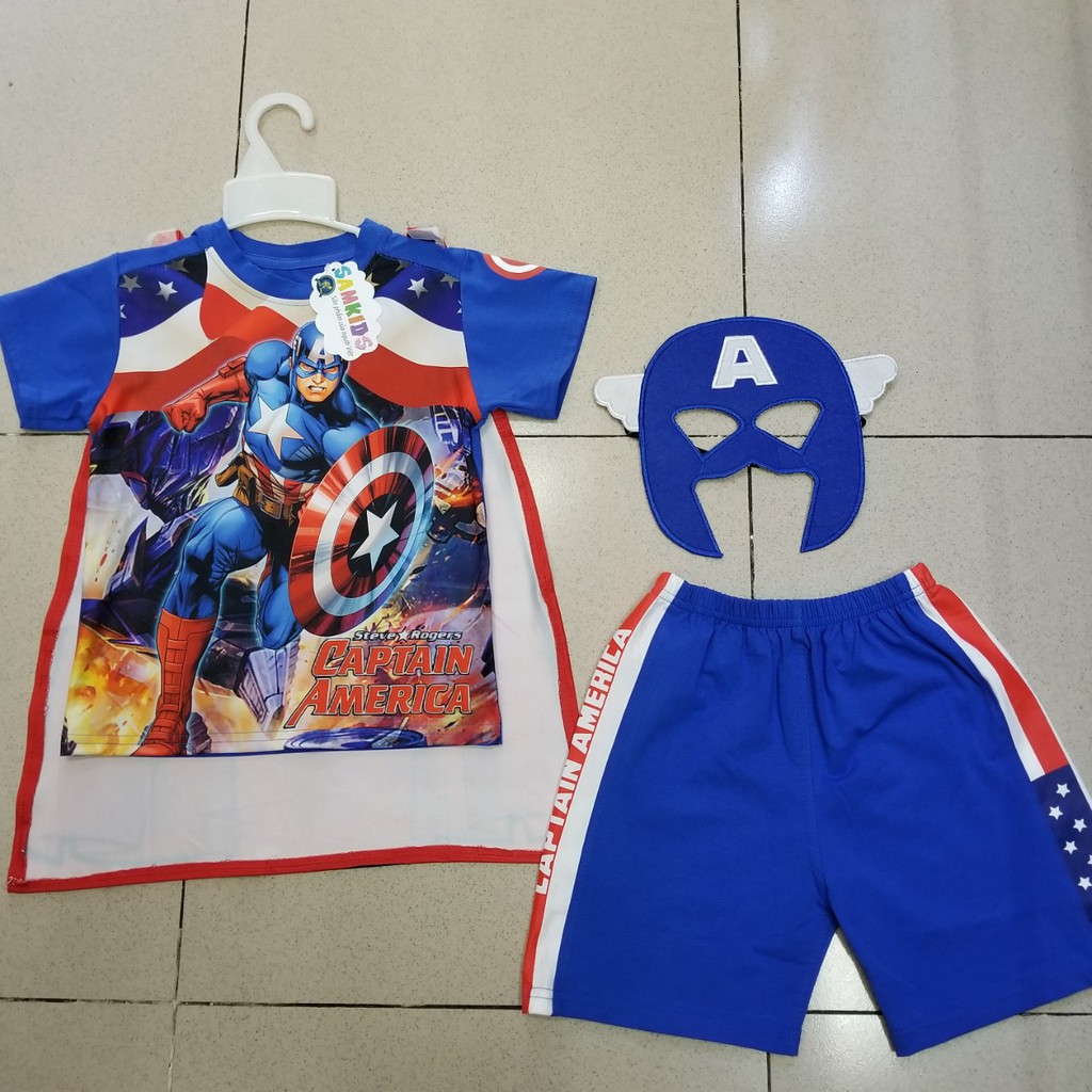 Bộ thun bé trai đội trưởng Mỹ captain America kèm khăn choàng mặt nạ nhỏ và đại