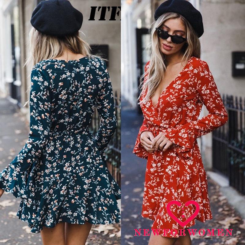 Đầm tay dài in hoa cổ chữ V phong cách boho cho nữ | BigBuy360 - bigbuy360.vn