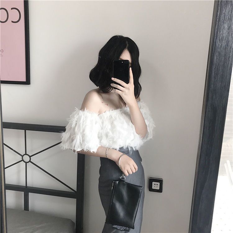 Áo Kiểu Vải Voan Trễ Vai Phối Tua Rua Lông Vũ Ngắn Lưng Co Giãn Gợi Cảm Mùa Hè Đi Hộp Đêm Dành Cho Bạn Nữ