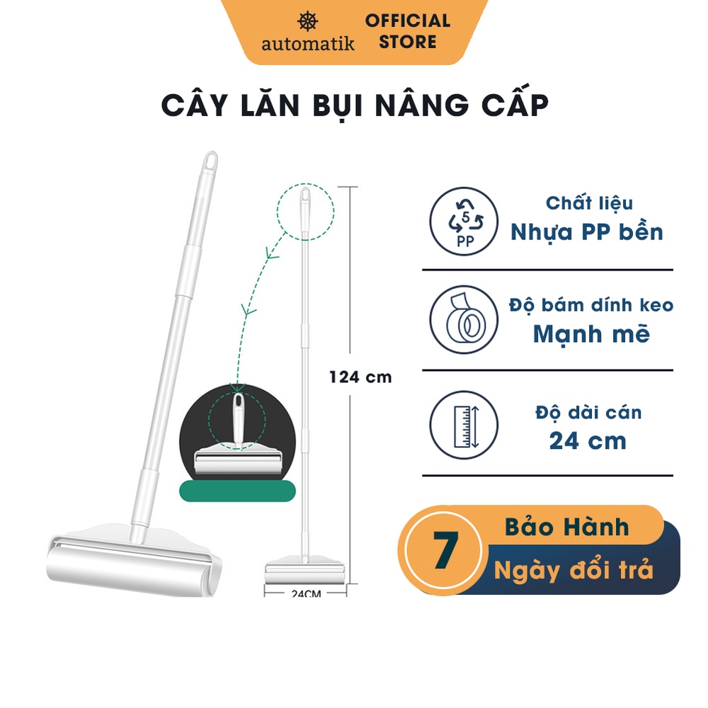 Cây Lăn Bụi Cán Dài Làm Sạch Quần Áo Ga Giường Sofa Sàn Nhà Có Nắp 16cm, 24cm Lăn Lông Tóc Siêu Dính Siêu Tốc Automatik
