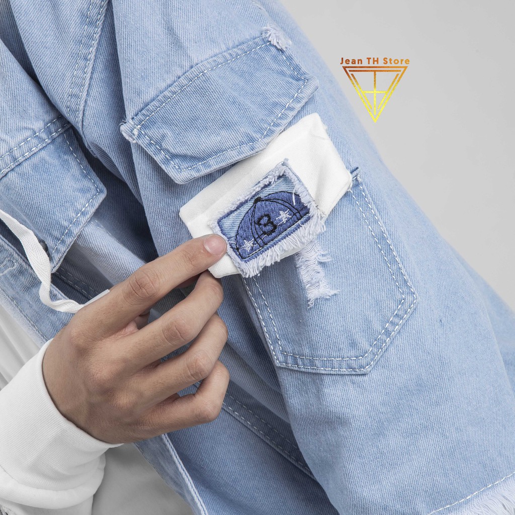 Áo khoác jean xanh phối nón nỉ trắng cao cấp, áo khoác bò phối mũ trẻ trung năng động | BigBuy360 - bigbuy360.vn