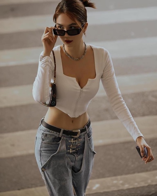 Áo croptop nữ kiểu phối khoá kéo dài tay chất vải thun gân len 4 chiều FreeSize ( Bảo An Shop ) Hot | BigBuy360 - bigbuy360.vn