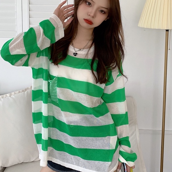 【ZHELIHANGFEI】Áo Thun Tay Dài Họa Tiết Sọc Thời Trang Sành Điệu Cho Nữ