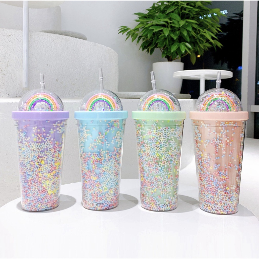 LY NHỰA 2 LỚP CẦU VỒNG KÈM ỐNG HÚT