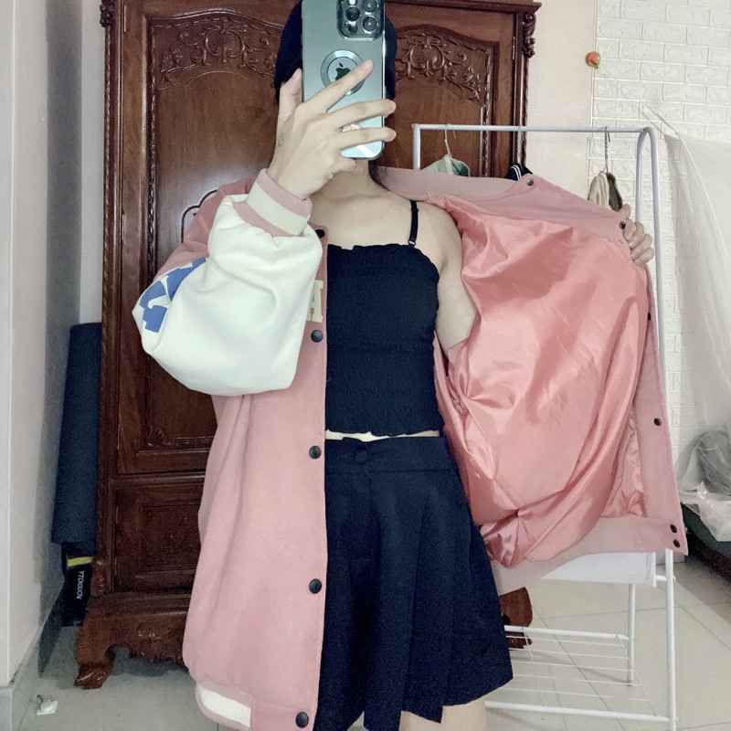 Áo Khoác Bomber Thể Thao Nhung Tăm 2 Lớp Số 84 Dáng Rộng Áo Bóng Chày Cao Cấp