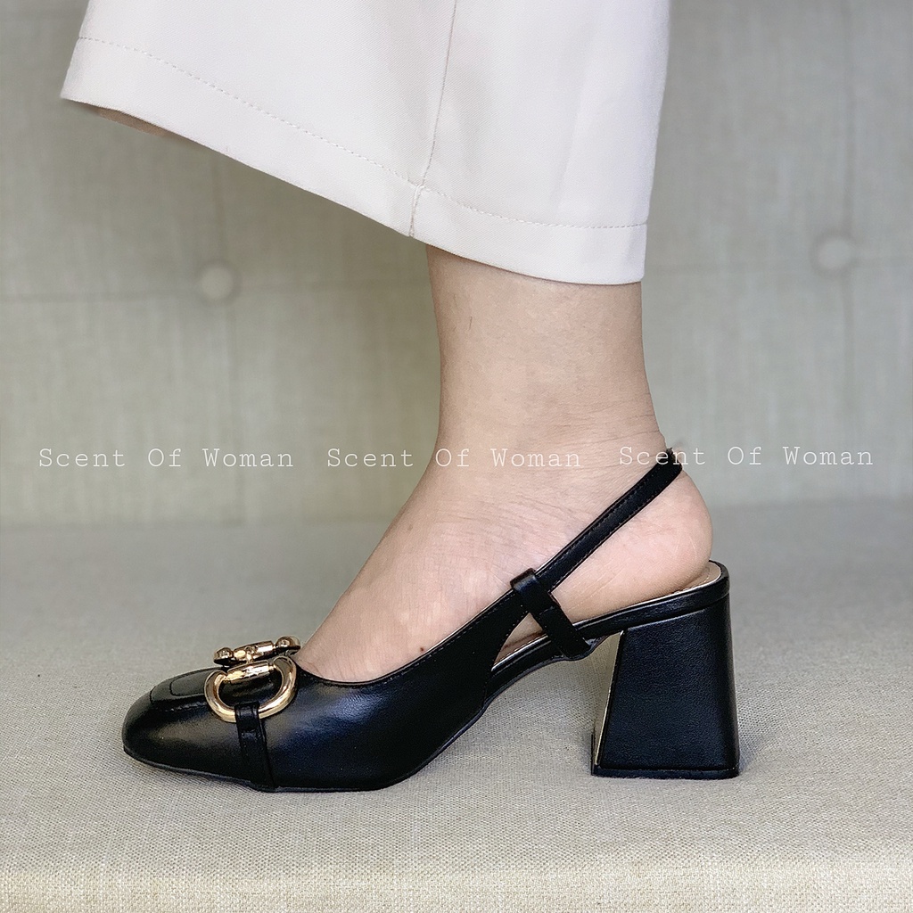 Giày cao gót nữ dáng Slingback mũi vuông gắn khoá thời trang gót trụ cao 7.5cm