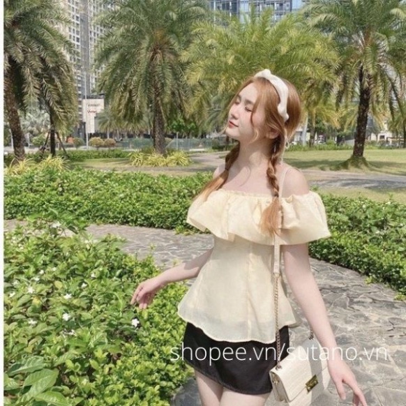 Áo trễ vai 2 lớp ngắn tay bánh bèo đẹp xa hoa A666 Nội Y Xanh hàng đẹp trendy - nội y xanh